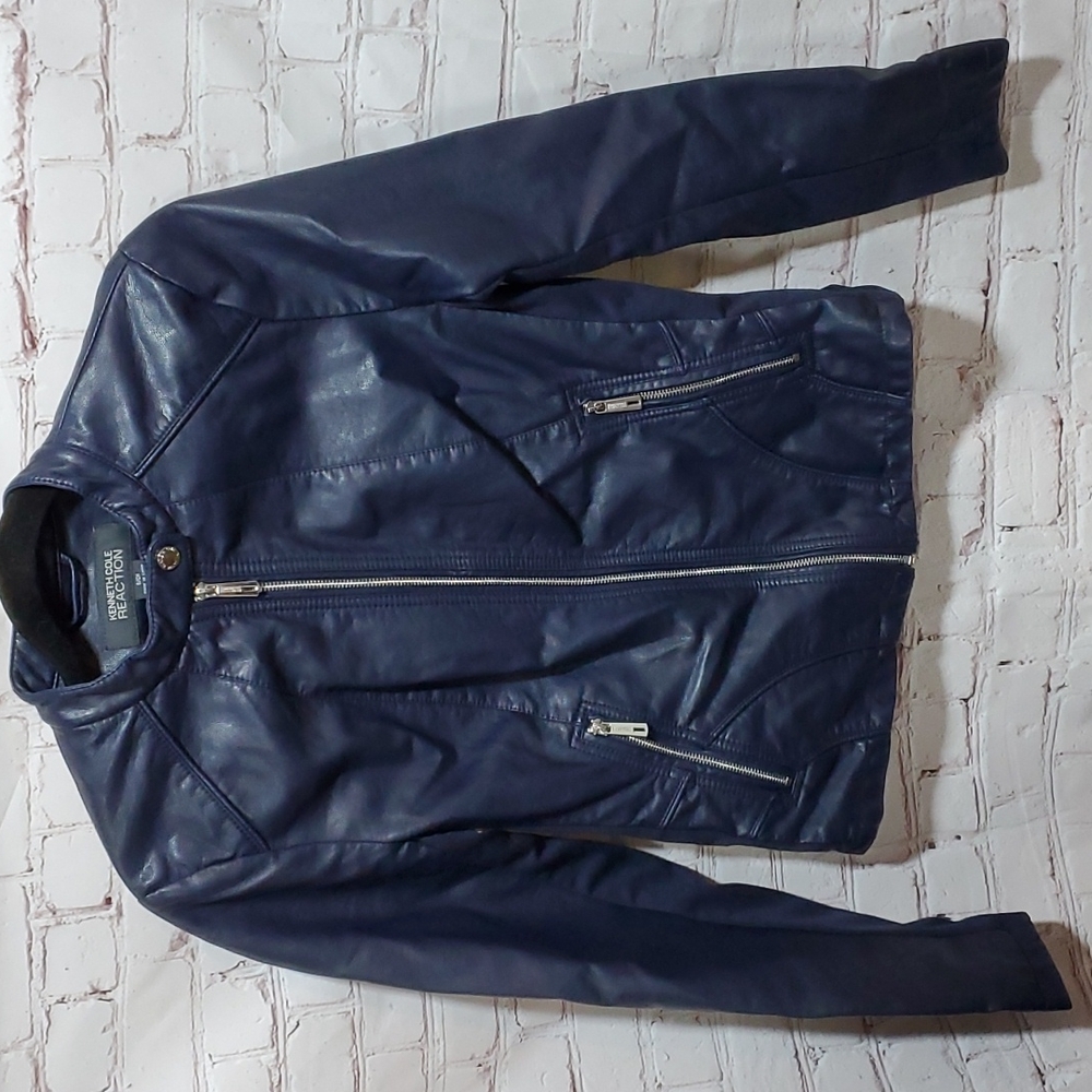 KENNETH COLE REACTION Navy Blue Faux Leather Moto Jacket